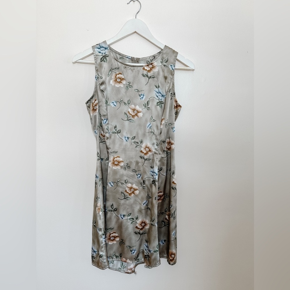 Satin Floral Mini Dress - Green/
Blue - Size Not Mark - Measurements